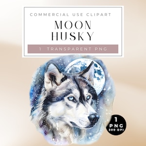 Clipart mascotte Husky, Clipart Husky de Sibérie, Clipart aquarelle Husky, tout usage Commercial, Husky de la pleine lune PNG, Husky de Sibérie PNG, mystique