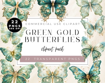 Green Gold Butterfly Clipart: Scrapbooking Graphics (Commercial Use) (Digital Download)