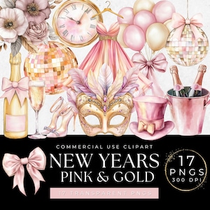 Feliz año nuevo clipart rosa pastel y dorado 2025, acuarela víspera de año nuevo clipart, champán clipart, celebración clipart, celebración PNG