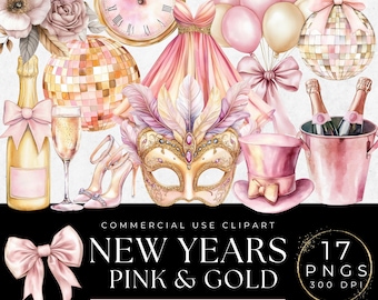 Pastel Pink & Gold New Year Clipart 2025 (PNG Digital Download)