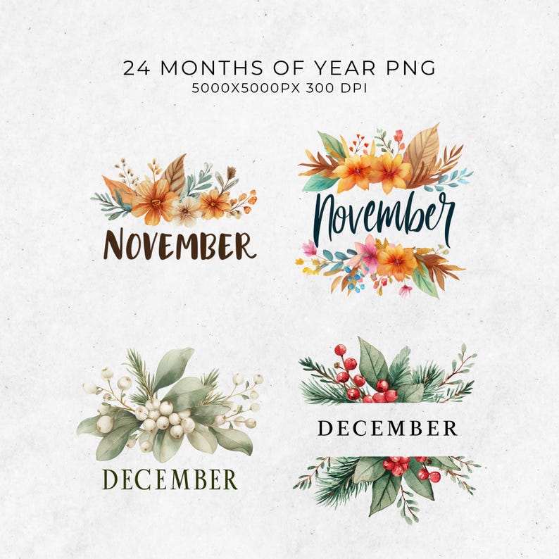 Months of the Year Watercolor Clipart, Seasonal Graphics for Planners ...