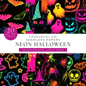 May include: A digital collection of 20 seamless papers featuring neon Halloween patterns on a black background. The designs include glowing bats, cats in wizard hats, ghosts, jack-o'-lanterns, spiders, webs, and skulls in vibrant pink, yellow, and green.