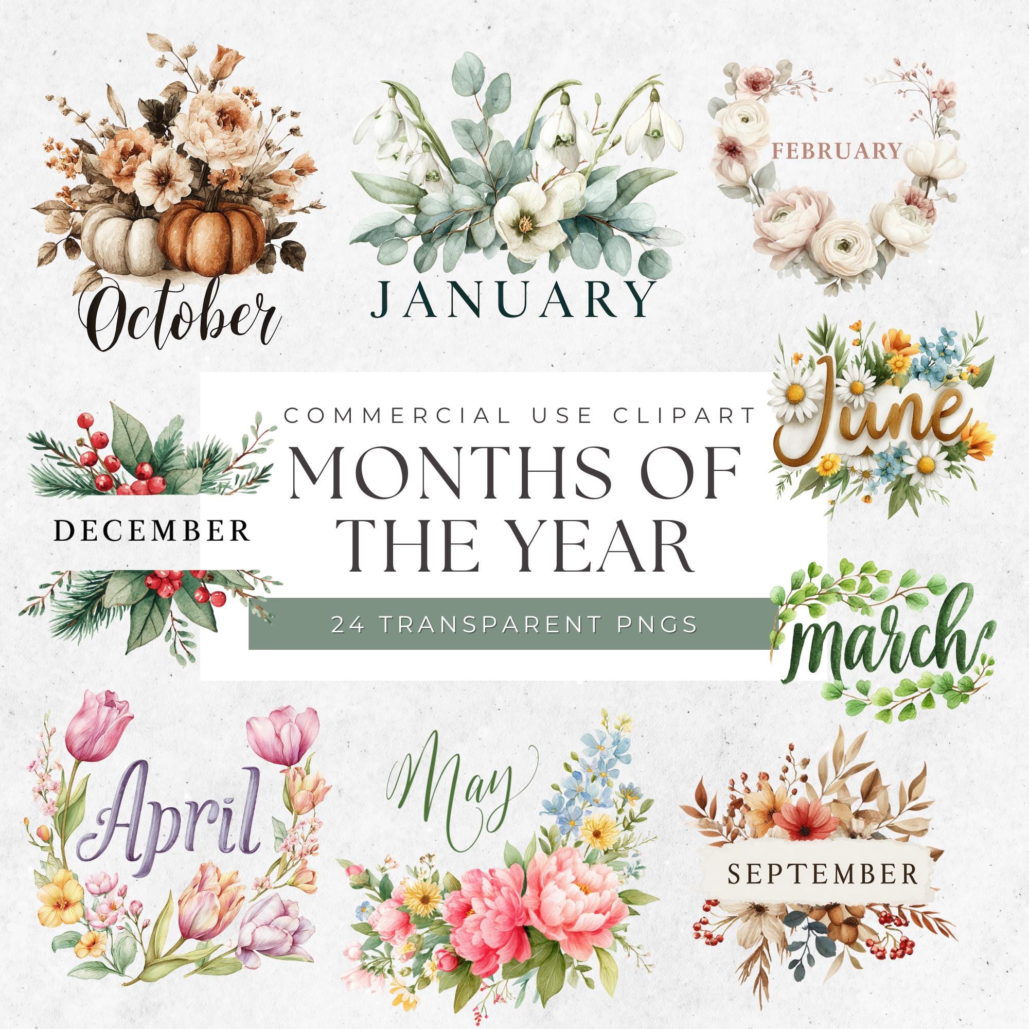Months of the Year Watercolor Clipart, Seasonal Graphics for Planners ...