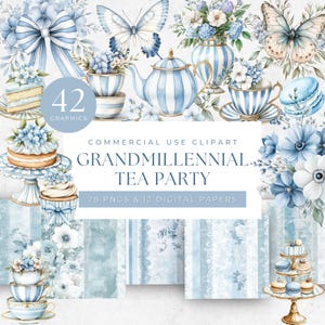 Victoriaanse Tea Party Clipart, Grandmillennial Blauw, Moederdag, Theekopjes Clipart, vintage Tea Party, Afternoon Tea, Elegant Floral Tea Party
