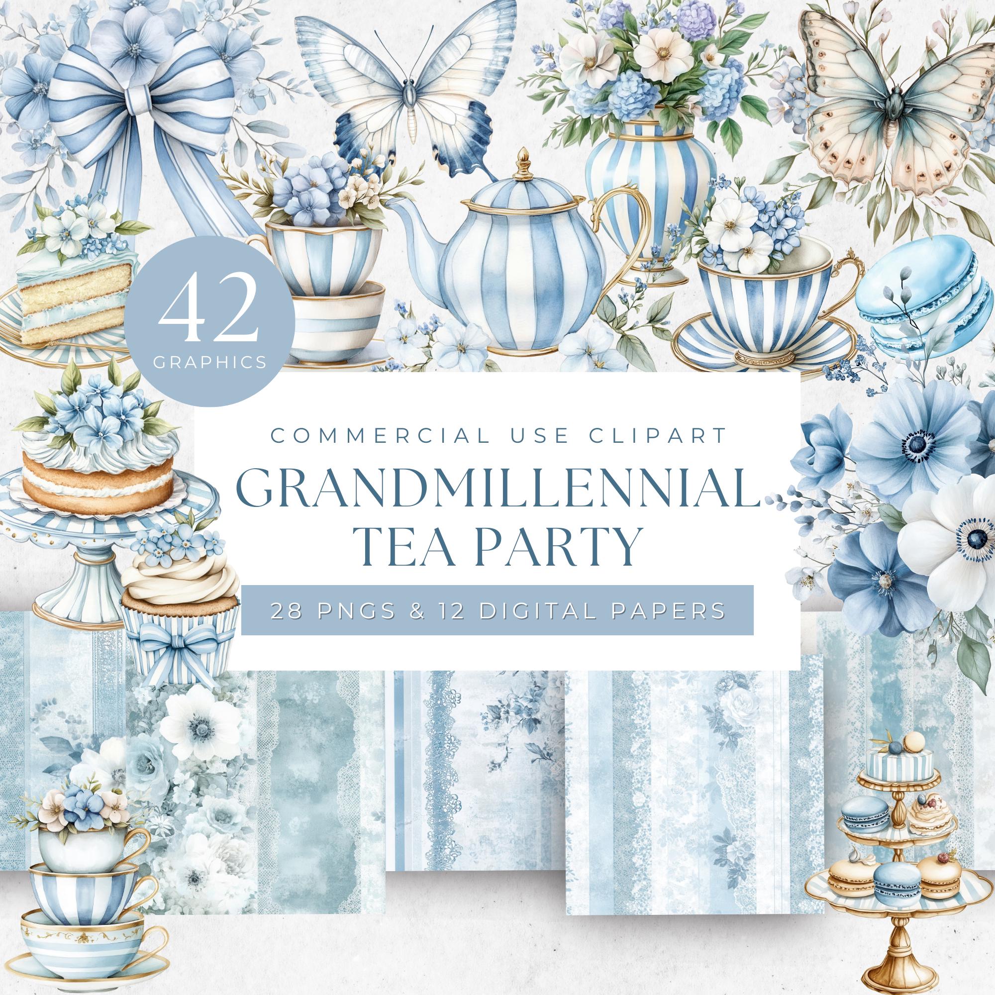 Grandmillennial Tea Party Clipart: Blue Floral PNG Graphics (Digital Download) Vintage Afternoon Tea
