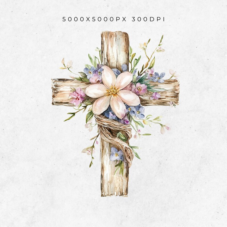 May include: A wooden cross decorated with a white flower and purple and pink flowers. The cross is surrounded by green leaves and vines.