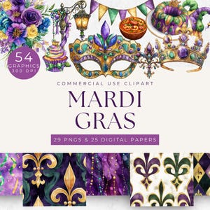Mardi Gras Clipart PNG Bundle, Mardi Gras Clipart Aquarell, Masquerade Maske, New Orleans Karneval, Karneval PNG, Faschingsdienstag, Königskuchen