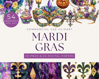 Paquete de imágenes prediseñadas de acuarela de Mardi Gras: Máscara de mascarada, PNG de carnaval (descarga digital)