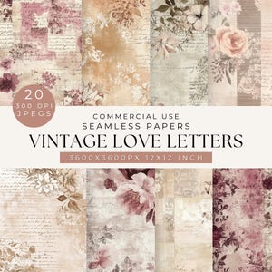 Papéis digitais de cartas de amor vintage, fundos de scrapbook imprimíveis, designs florais românticos, rendas e fitas românticas, papéis de estilo antigo