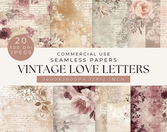 Vintage Love Letter Digital Paper: Floral Scrapbook Backgrounds (Digital Download)