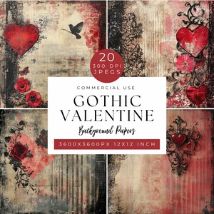 Gothic Valentine Digital Background Papers, Dark Romantic Vintage Collage Art, Antique Hearts, Grunge Heart Printable Papers, Unique Journal