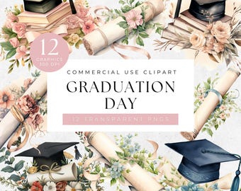 Watercolor Graduation Clipart: Caps & Diplomas (Digital Download)