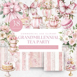May include: A digital clipart set with a tea party theme. The image features pink and white striped teacups, teapots, and butterflies. The text reads "38 GRAPHICS" and "GRANDMILLENNIAL TEA PARTY". Includes 26 PNGs and 12 digital papers.