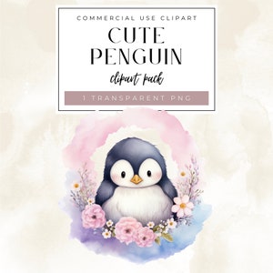Acuarela Floral Penguin Clipart, Penguin Clipart Acuarela, Lindo Pingüino PNG, Arte infantil, Uso Comercial, Boho Floral Baby Penguin Art