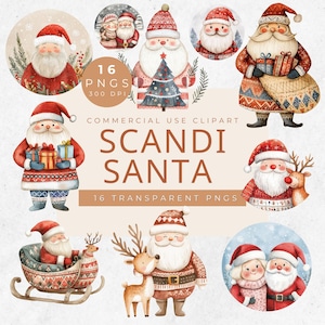 Clipart di Babbo Natale Scandinavo, Clipart di Natale scandinavo ad acquerello, PNG di Babbo Natale, Clip Art di Natale nordico, Arte popolare, Babbo Natale scandinavo, Festività
