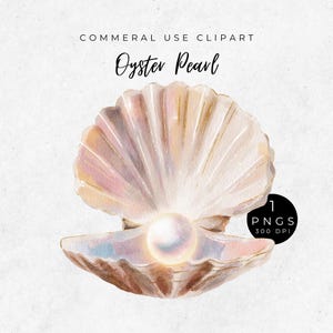 May include: Watercolor illustration of an open oyster shell with a luminous pearl. The shell features soft pink, beige, and gold tones, with the text "Oyster Pearl" in elegant script. The image is labeled "Commercial Use Clipart."