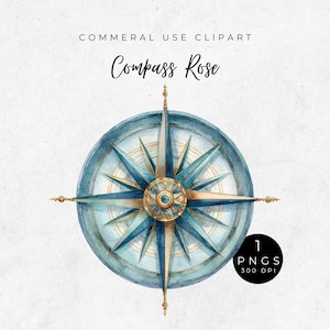 May include: Watercolor illustration of a compass rose in shades of blue and gold. The compass rose features a detailed design with directional points and the text "COMMERAL USE CLIPART" and "Compass Rose". Includes a black circle with "1 PNGS 300 DPI".