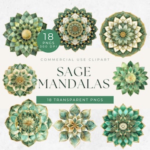 Clipart di mandala verde salvia, download digitale, perfetto per progetti artigianali e fai da te, design per scrapbooking, arte unica, alta qualità, pintables