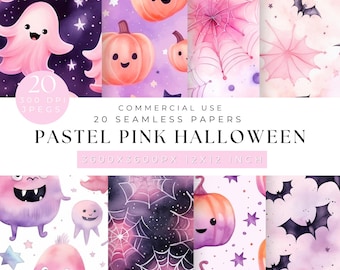 Pastelroze Halloween digitaal papier, naadloos Halloween-patroon, pompoen naadloos patroon, Halloween herhalend patroon, digitale download