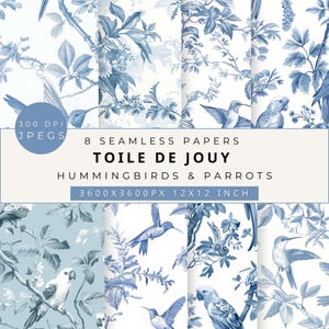 Carta digitale Toile De Jouy, Modello senza cuciture, Scrapbooking, Diario spazzatura, Cineserie Toile De Jouy, Documenti digitali, Colibrì, Pappagalli