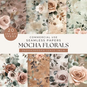 Mocha Floral Seamless Digital Papers, Printable Backgrounds, Craft Supplies, Scrapbooking, Perfect For Invitations, DIY Crafts, Mocha Flower