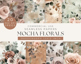 Puede incluir: Una colección de 20 papeles digitales sin costuras con diseños florales en acuarela. Los papeles presentan rosas y follaje en tonos marrones, beige y verdes. El texto de la imagen dice "MOCHA FLORALS" y "12x12 inch", que son aproximadamente 30,5 x 30,5 cm.