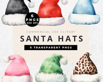 Watercolor Santa Hat Clipart: Christmas PNG Bundle (Digital Download)