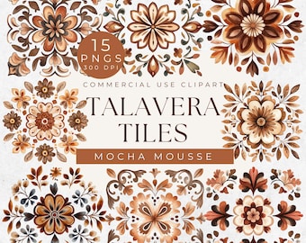 Mexican Talavera Tiles Clipart: Watercolor Floral Mosaic (Digital Download)