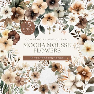Mocha Mousse Flowers Clipart, Mocha Mousse Wedding, Art For Scrapbooking And Journals, Watercolor Floral Stickers, Aesthetic Designs PNGS