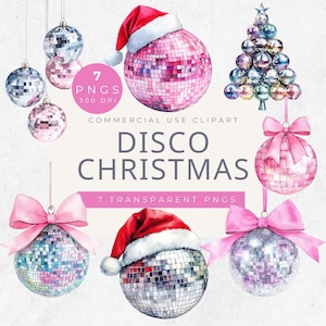 Disco Christmas Clipart, Disco Christmas Ornament, Retro Holiday Art, Groovy Disco Ball, Pink Coquette Bow, Festive Pink, Holiday Sparkly