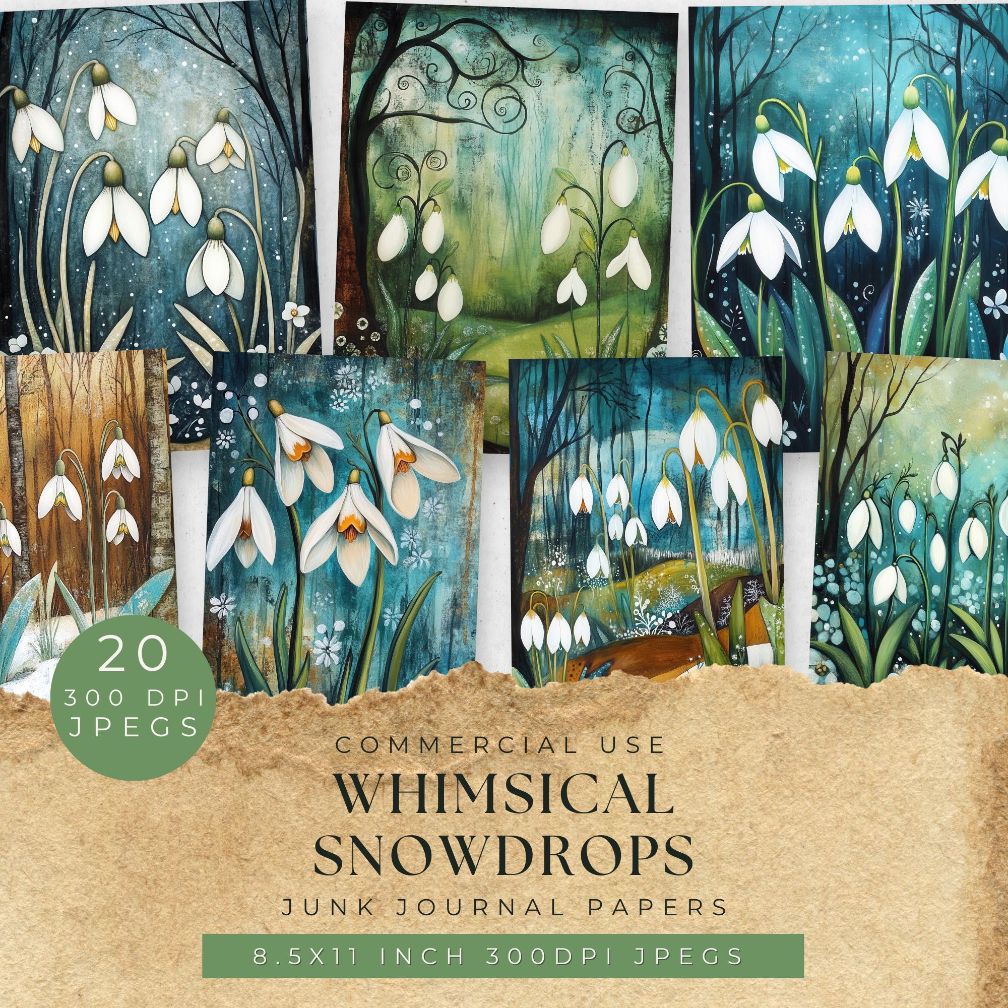 Snowdrop Junk Journal Pages: Whimsical Spring Scrapbook Paper (Digital Download)