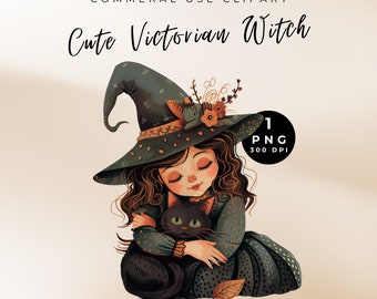 Viktoriansk häxa Clipart, Vintage Halloween Clipart häxa svart katt, kattunge häxa Clipart, söta häxor, hednisk PNG, svart katt, magisk clipart