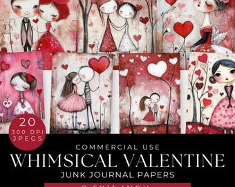 Valentine Junk Journal Pages: Whimsical Folk Art Ephemera (Digital Download)