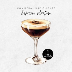 Tini Time Espresso Martini PNG, Aquarell Cocktail Illustrationen, digitaler Download für Hochzeiten, Party Dekor, Kaffee-Liebhaber Geschenke, Sublimieren