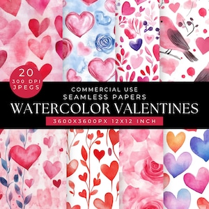 Watercolor Valentines Digital Paper: Seamless Hearts Patterns (Digital Download)