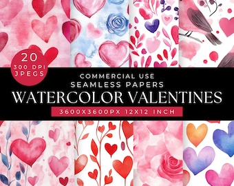 Watercolor Valentines Digital Paper: Seamless Hearts Patterns (Digital Download)