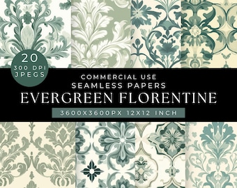 Pode incluir: 20 papéis digitais com um padrão de damasco verde e branco. Uso comercial Papéis sem costura Evergreen Florentine 3600x3600px 12x12 polegadas.