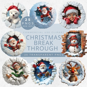 Weihnachten 3D Durchbruch Ornament Clipart, lustiger 3D Effekt, Sublimationsdesign, süße Tiere Weihnachten PNG, schrullig Rentier, Weihnachtsmann Schneemann