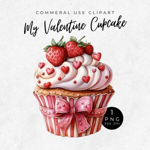 Rosa Valentinstag Cupcake Clipart, niedliche Aquarell Herzen Cupcake PNG, Erdbeer Grafiken, süße PNG Designs, Valentinstag Einladung, Desserts