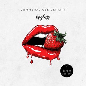 Può includere: Illustrazione digitale di labbra rosse con lucidalabbra gocciolante e una fragola. L'immagine include il testo "COMMERAL USE CLIPART" e "lipgloss". Un cerchio nero con i numeri "1" e "300 DPI" si trova nell'angolo in basso a destra.