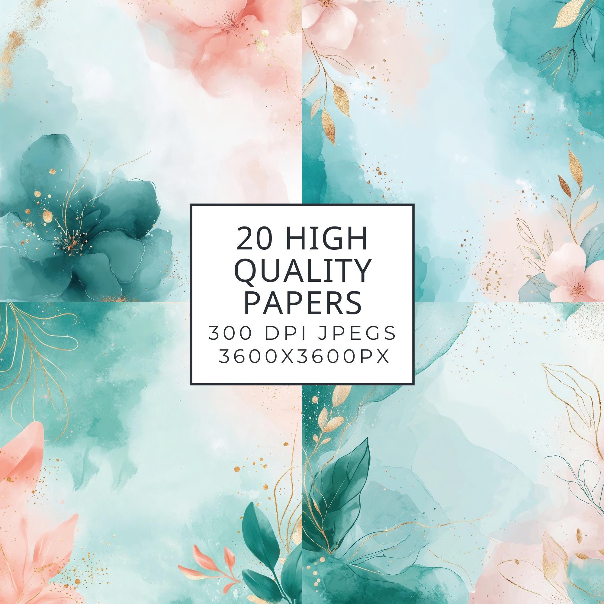 Teal & Blush Floral Digital Paper Set: Watercolor Backgrounds (12x12 ...