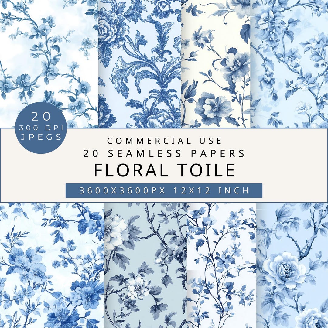 Blue Floral Toile De Jouy Digital Paper: Seamless Chinoiserie Patterns ...