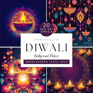 Fondos digitales para diyas de Diwali, imágenes prediseñadas de Diwali, festival de las luces, fondos de mandala morados, celebración india imprimible