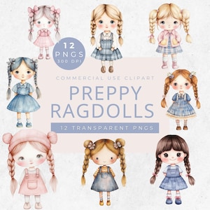 Clipart poupée de chiffon, graphiques de personnages mignons pour le scrapbooking, téléchargement numérique, travaux manuels pour enfants, aquarelle PNG pour les carnets indésirables, travaux manuels d'art numérique