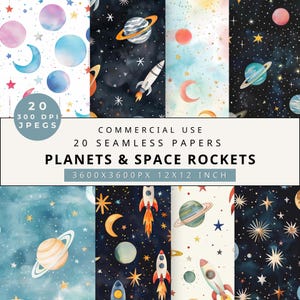 Babykamer aquarel planeet ruimtester, ruimteplaneet digitaal papier, astronautenpapier, sterrenhemel nachthemel, ruimtepatroon, aquarel melkwegstelsel