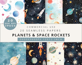Watercolor Galaxy Digital Paper: Seamless Planet & Rocket Patterns (Digital Download)
