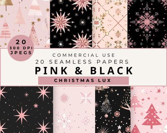 Pink & Black Christmas Digital Paper: Seamless Winter Patterns (Digital Download)