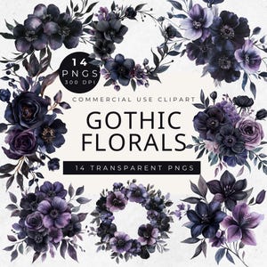 Aquarell Gotik Blumen Clipart, dunkelviolette Blumen, Gothic Rosen PNG, Dunkel Märchen Fantasie, Magische Gotische Blumen, Dunkle Blumen PNG