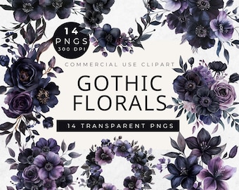 Watercolor Gothic Floral Clipart: Dark Purple Roses PNG (Digital Download)
