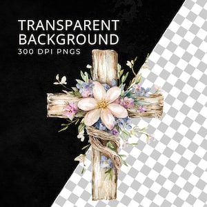 May include: A wooden cross with a floral wreath of pink, white, and purple flowers. The cross is decorated with a brown vine.